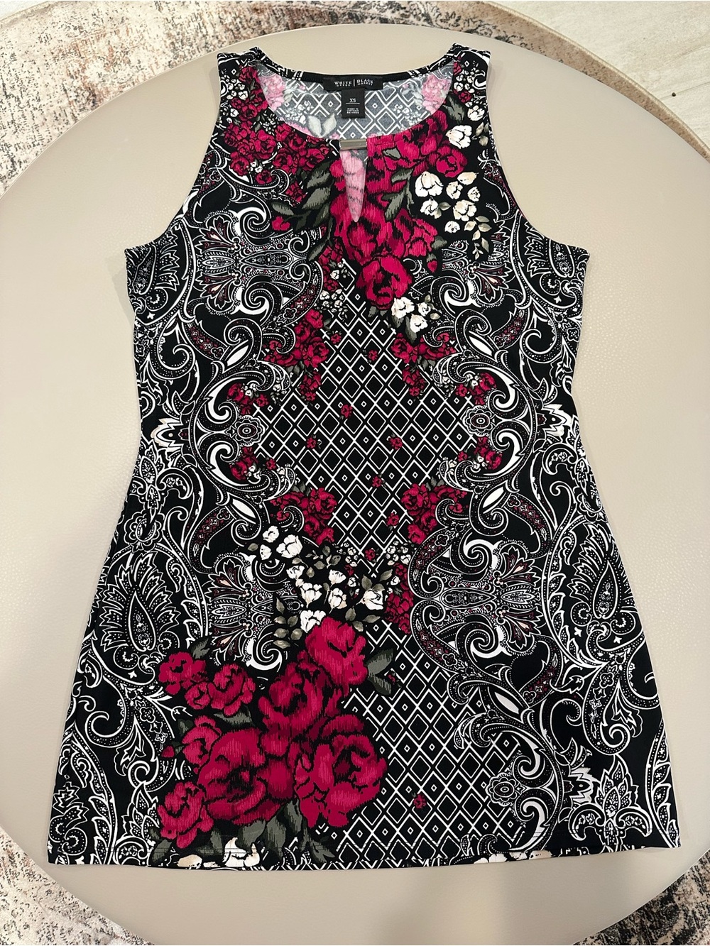White House Black Market Black Tunic with Fuchsia Floral Print